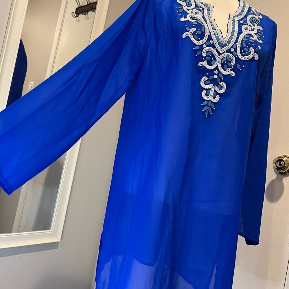 Club Z Collection Royal Blue beaded sheer cover up tunic, Size Medium - Picture 5 of 15